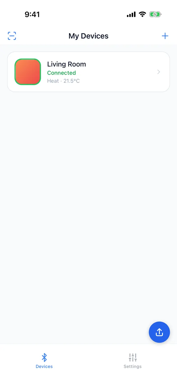 The blue upload button at the bottom right of the Devices tab