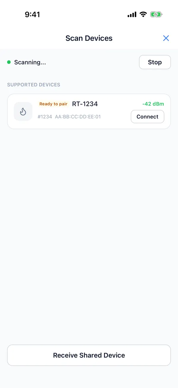 Scan Devices: RT-1234 found, marked Ready to pair
