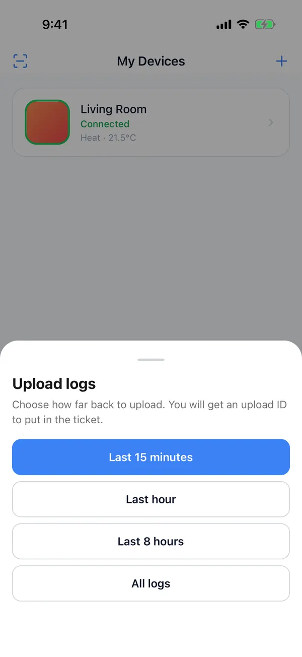 Upload logs: choose last 15 minutes, last hour, last 8 hours or all logs