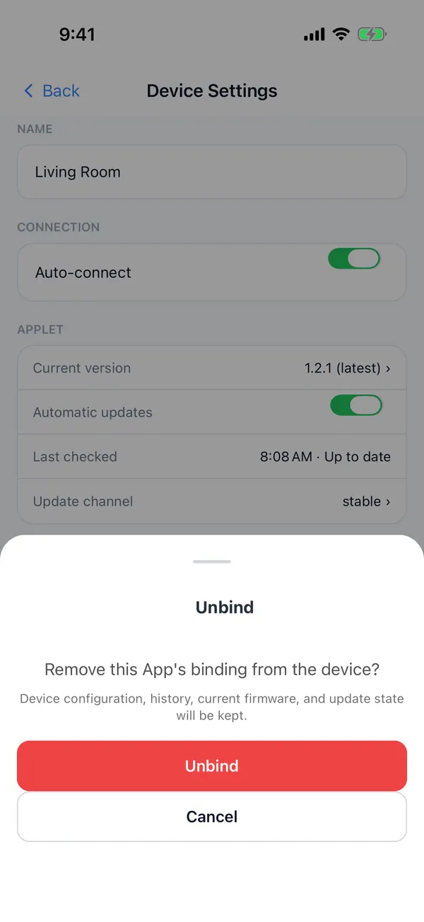 Unbind confirmation: configuration, history, current firmware and update state are kept