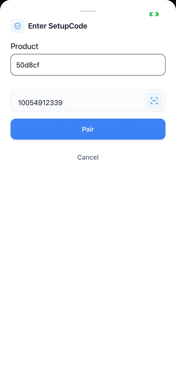 Enter the setup code: choose the product, type the 11-digit code, tap Pair