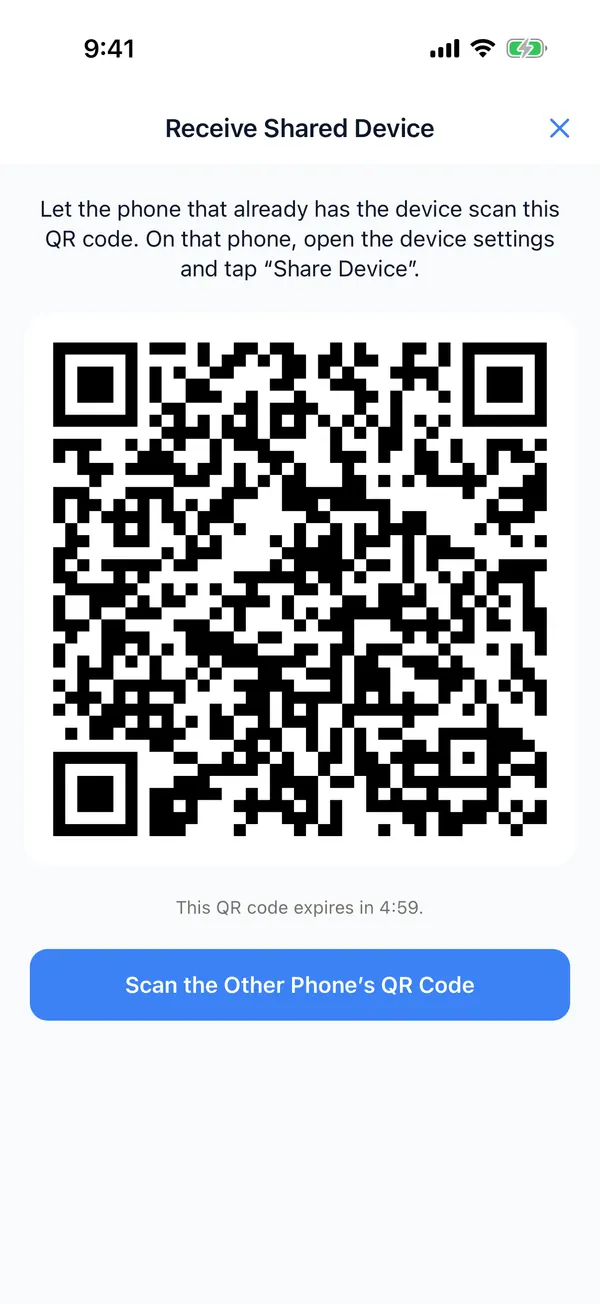 Receive Shared Device: shows a QR code valid for 5 minutes