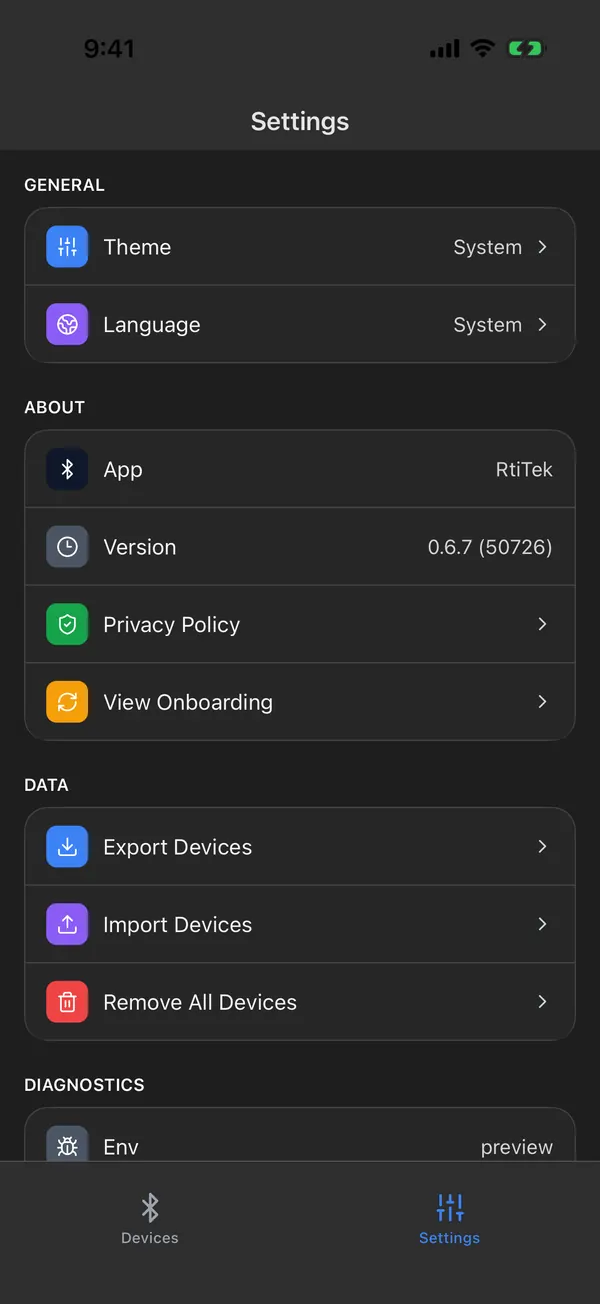 Settings in dark mode